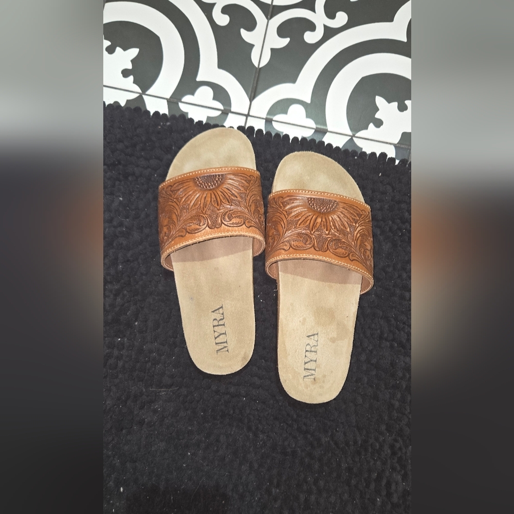 Myra Bag Tan Leather Slide Sandals with Embossed Strap